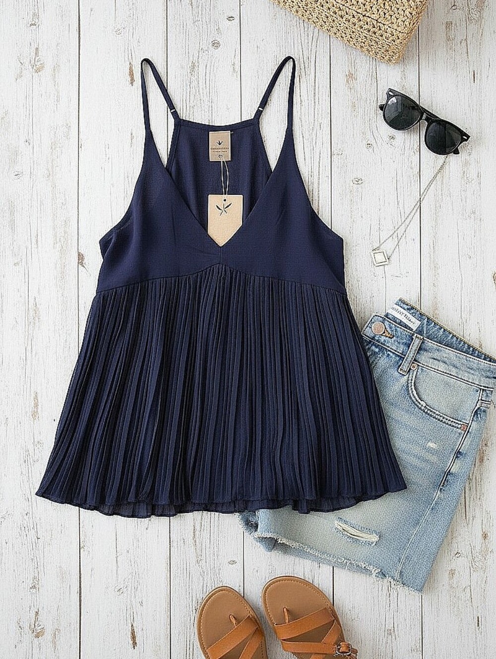 NWT! Paper Crane Pleated V-Neck Spaghetti Racerstrap Tank Top - Navy